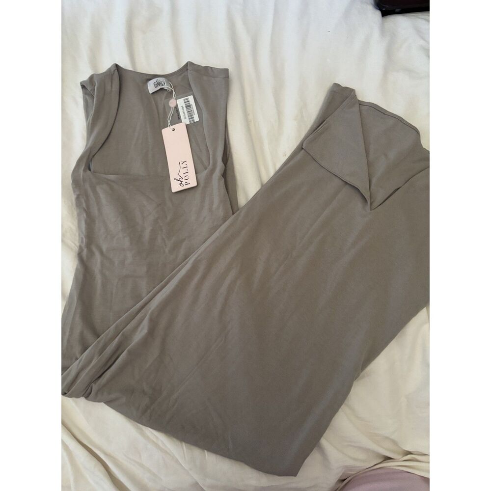 Oh Polly Grey Modal Maxi Dress US 4 Square Neck Sleeveless Bodycon Stretch NWT